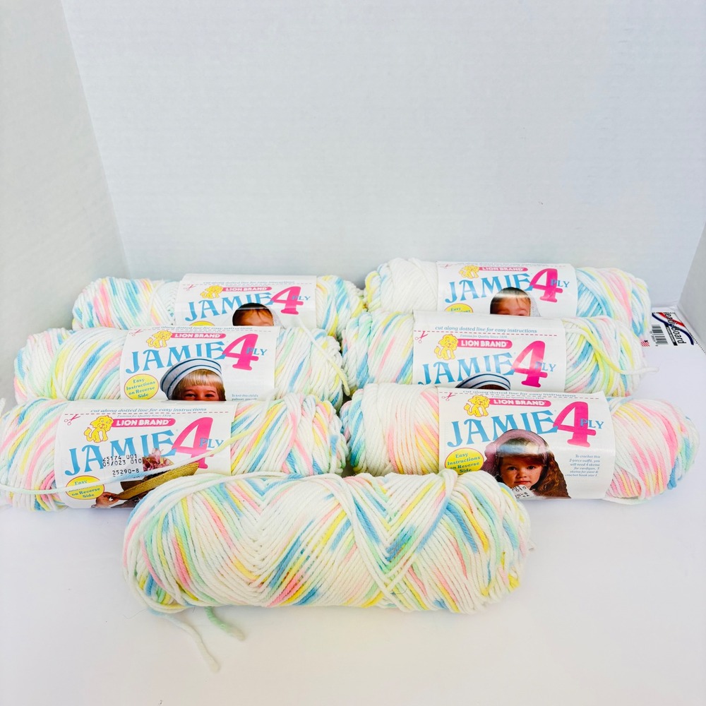 Lion Brand Jamie Acrylic Yarn Baby 6 Skeins Lot White PInk Blue Vintage